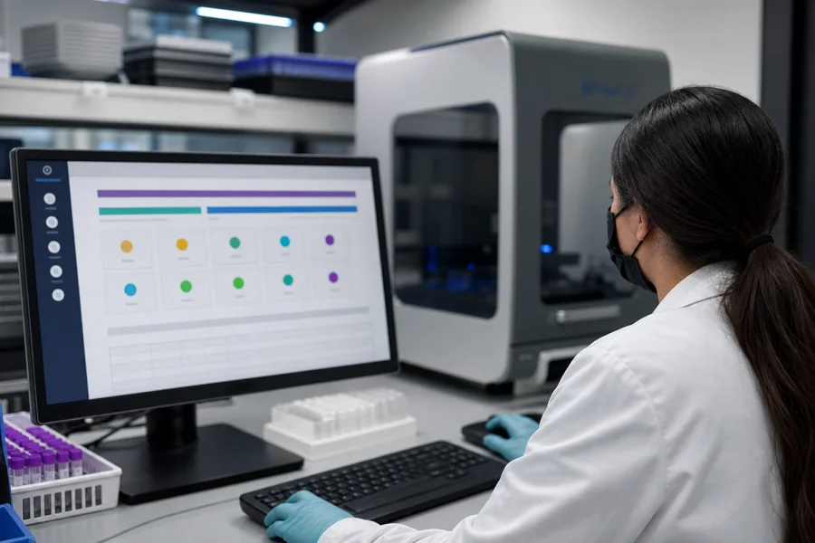 Especialista revisando resultados de genotipificación junto al sistema BD Viper LT